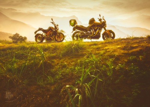 KTM Duke 390 and Yamaha MT-01 1700 at golden hour in Kanthalloor -- the fruit bowl of Kerala, India